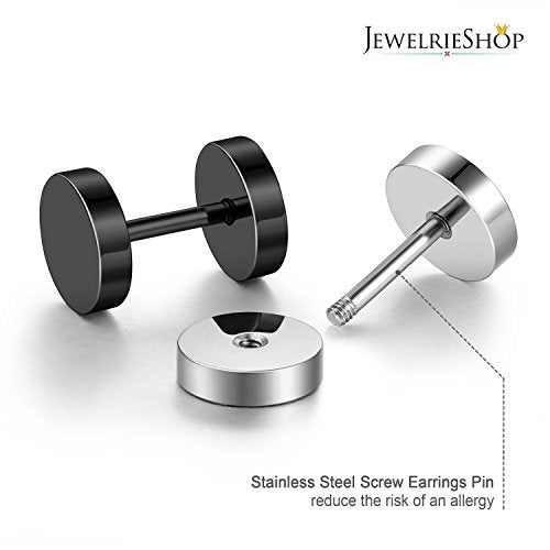 JewelrieShop Black Faux Gauges Plugs Earrings for Men Stainless Steel Dot Disc Studs Circle Flat Back Cheater Tunnel Dumbbell Earrings Women(18 Gauges,2 Pairs,7mm,Black and Silver) - Image 2