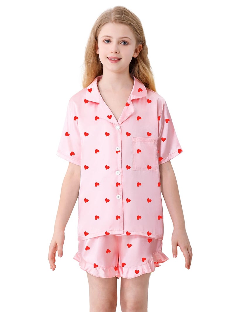 Umeyda Girls Satin Silky Collar V Neck Ruffle Short Sleeve Top and Shorts Sleepwear PJs, Pink Heart, 7-8 Years - Image 2