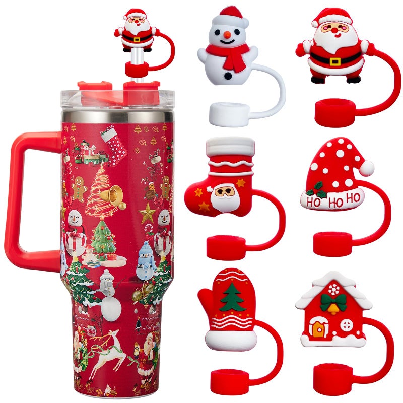 6PCS Christmas Straw Cover Cap for Stanley Cup Silicone Straw Topper for Stanley 3040 Oz Tumbler with Handle 10mm 04in DustProof Reusable Straws Tips Lids for Christmas Gifts Color 1