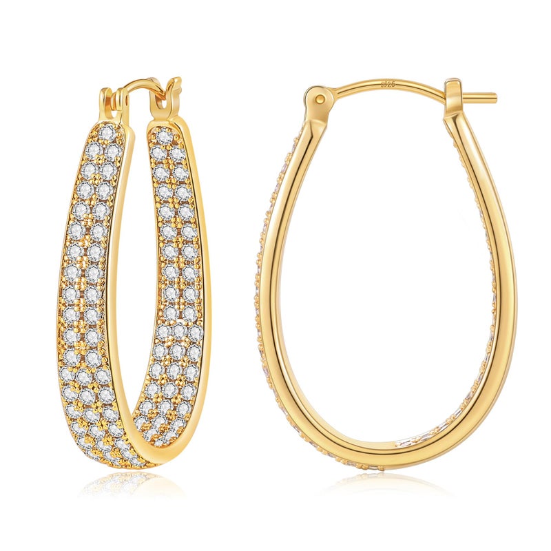 Gacimy 14K Gold Plated Hoop Earrings for Women 14k Real Gold Plated, 6.3mm Thick Chunky Cubic Zirconia Earrings Hoops with 925 Sterling Silver Post, Medium Oval 30mm - Image 1