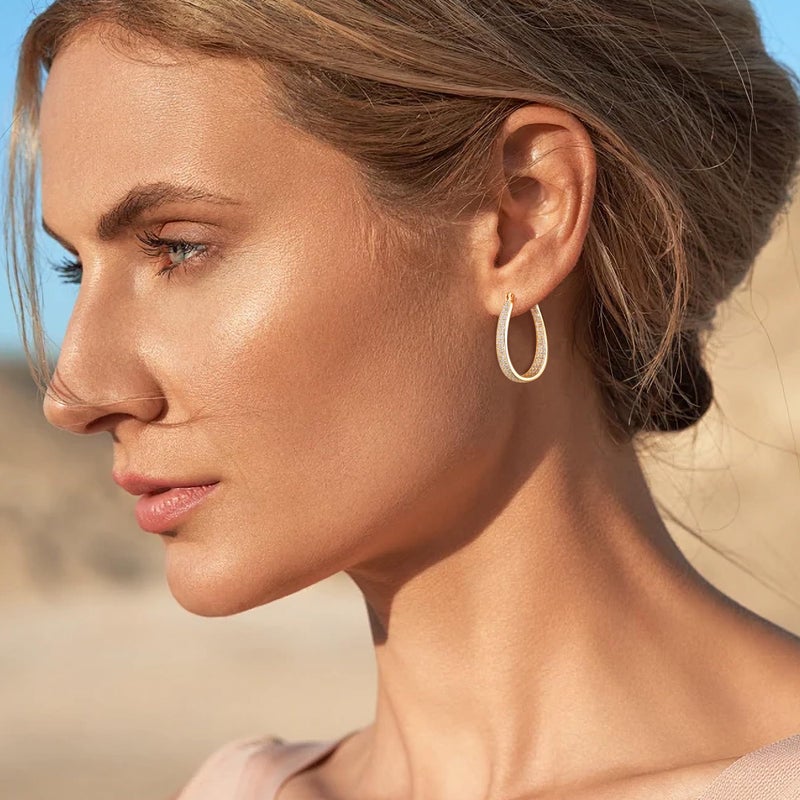 Gacimy 14K Gold Plated Hoop Earrings for Women 14k Real Gold Plated, 6.3mm Thick Chunky Cubic Zirconia Earrings Hoops with 925 Sterling Silver Post, Medium Oval 30mm - Image 2