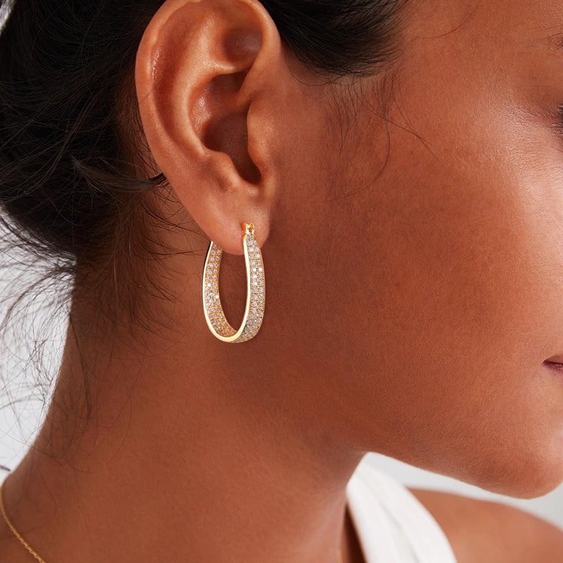 Gacimy 14K Gold Plated Hoop Earrings for Women 14k Real Gold Plated, 6.3mm Thick Chunky Cubic Zirconia Earrings Hoops with 925 Sterling Silver Post, Medium Oval 30mm - Image 3