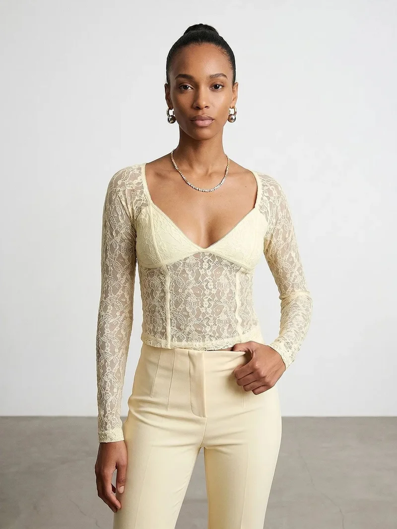 ديلفين DILVIN Women’s Lace V-neck Long-sleeve Top