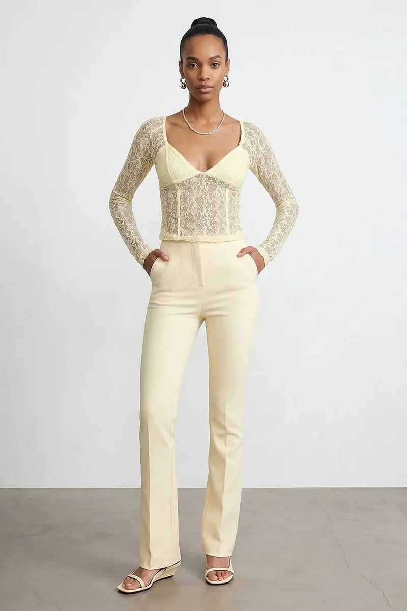 Dilvin Cream Natural DILVIN Women’s Lace V-neck Long-sleeve Top for Women | Best Price UAE