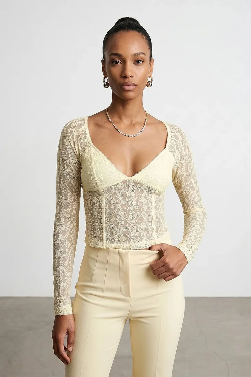 Dilvin Cream Natural DILVIN Women’s Lace V-neck Long-sleeve Top for Women | Best Price UAE