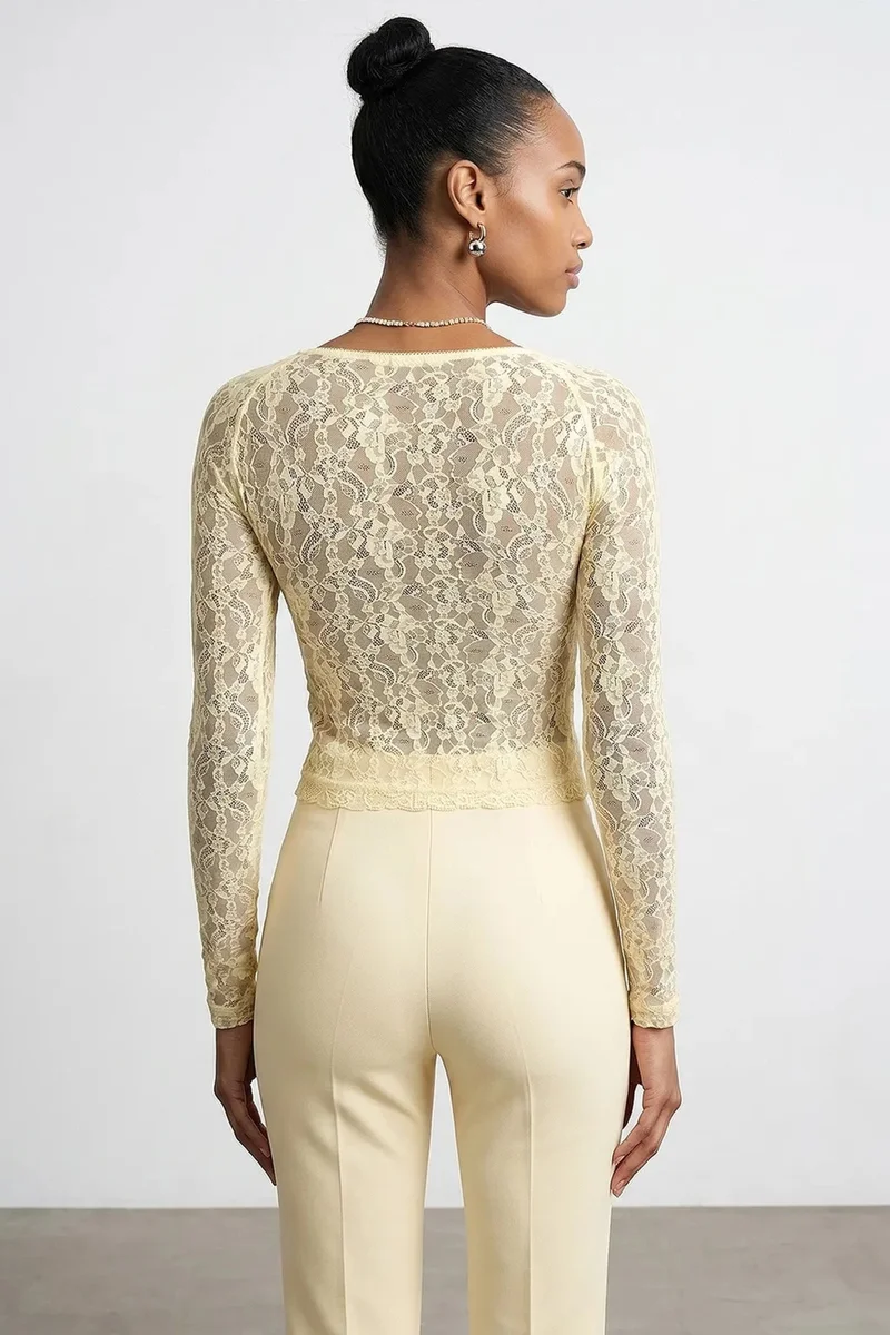 Dilvin Cream Natural DILVIN Women’s Lace V-neck Long-sleeve Top for Women | Best Price UAE