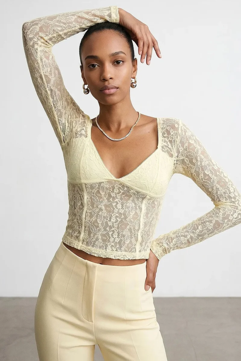 Dilvin Cream Natural DILVIN Women’s Lace V-neck Long-sleeve Top for Women | Best Price UAE