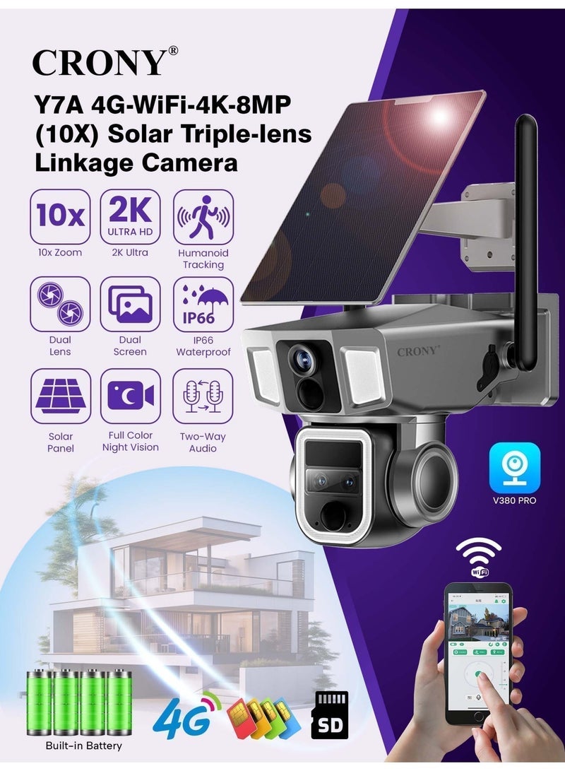 كروني Y7A 8MP Solar/Battery-Powered Security Camera – 4K Resolution, 355° PTZ, 90° Vertical Tilt, 10X Zoom, IR Night Vision, IP66 Waterproof, 4G/Wi-Fi Connectivity, Two-Way Audio, Human Body Induction, TF Card/Cloud Storage, 4x18650 Batteries, 9W Solar Panel, App Connectivity, Wireless Outdoor Security Camera for Home, Garden, and Property Protection, Solar Camera for Off-Grid Surveillance, Wireless Solar Powered Camera, High-Resolution Solar Camera with App Integration - Image 4