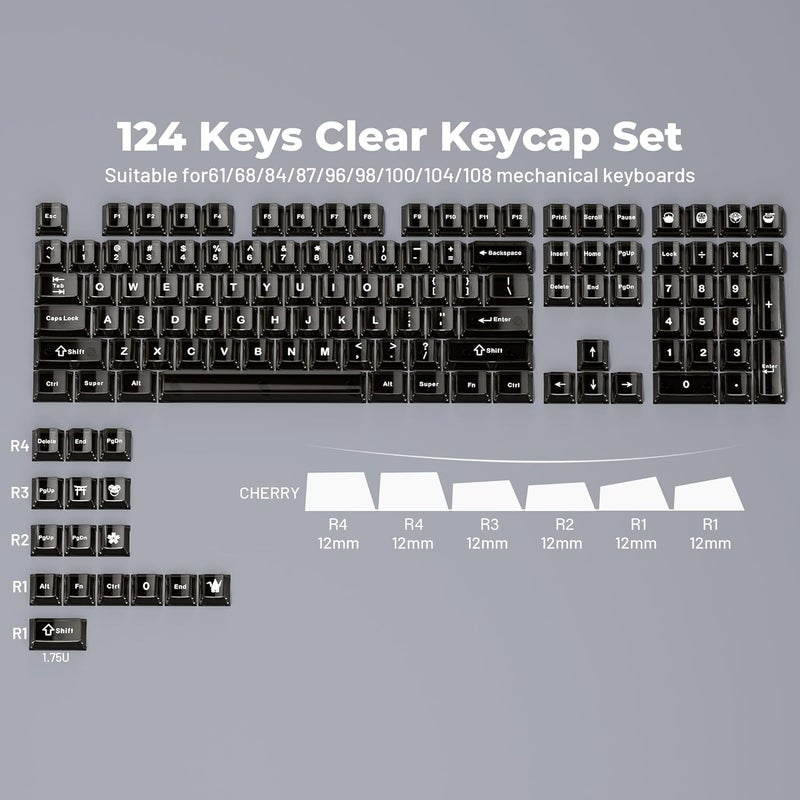 HITIME XVX Clear keycaps, Black Transparent Keycaps 60 65 75 100 Percent, Crystal Ceramic Custom Key Cap Set 124 Keys, Cherry Profile, Shine Through, Cute Style for Mechanical Keyboards - Image 3