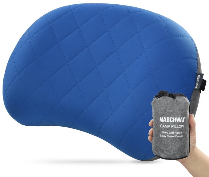 ULTRALIGHT INFLATABLE CAMPING PILLOW WITH SOFT WASHABLE COVER COMPACT COMPRESSIBLE PORTABLE TRAVEL AIR PILLOW FOR OUTDOOR CAMP SPORT HIKING BACKPACKING SLEEP BLUE