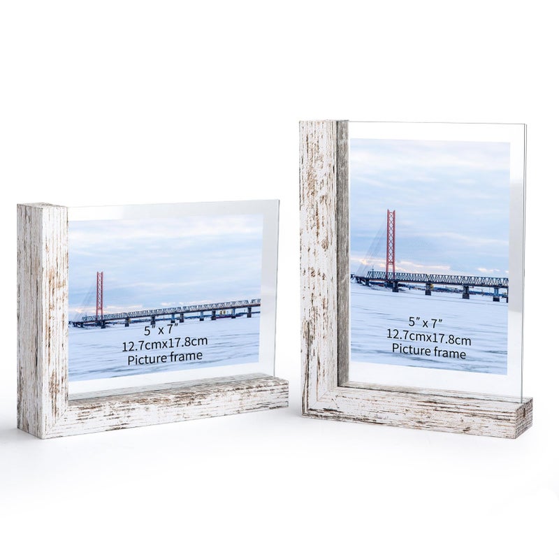 Lavezee 5x7 Picture Frames Set of 2 Double Sided Frame with Distressed White L Shaped Horizontal Vertical Holder Stand for 5 by 7 Photo Art Desktop or Tabletop Decor