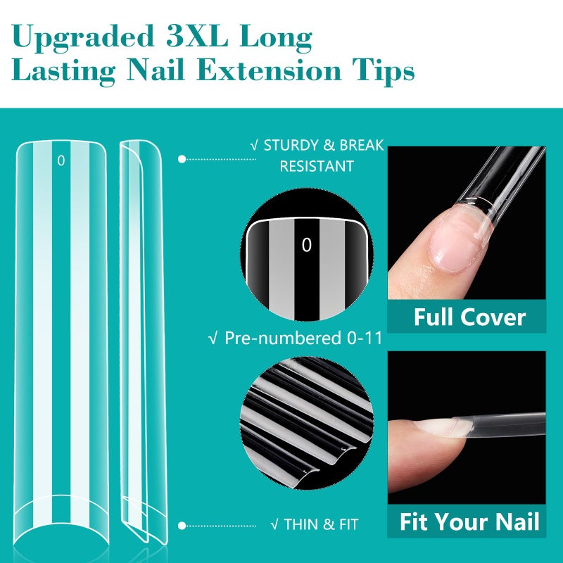LIONVISON 3XL Clear NO C Curve Nail Tips for Acrylic Nails Professional, 240PCS Extra Long Tapered Square Nail Tips, 12 Sizes Straight Press On Gel Tips for Nail Salons Home DIY - Image 2