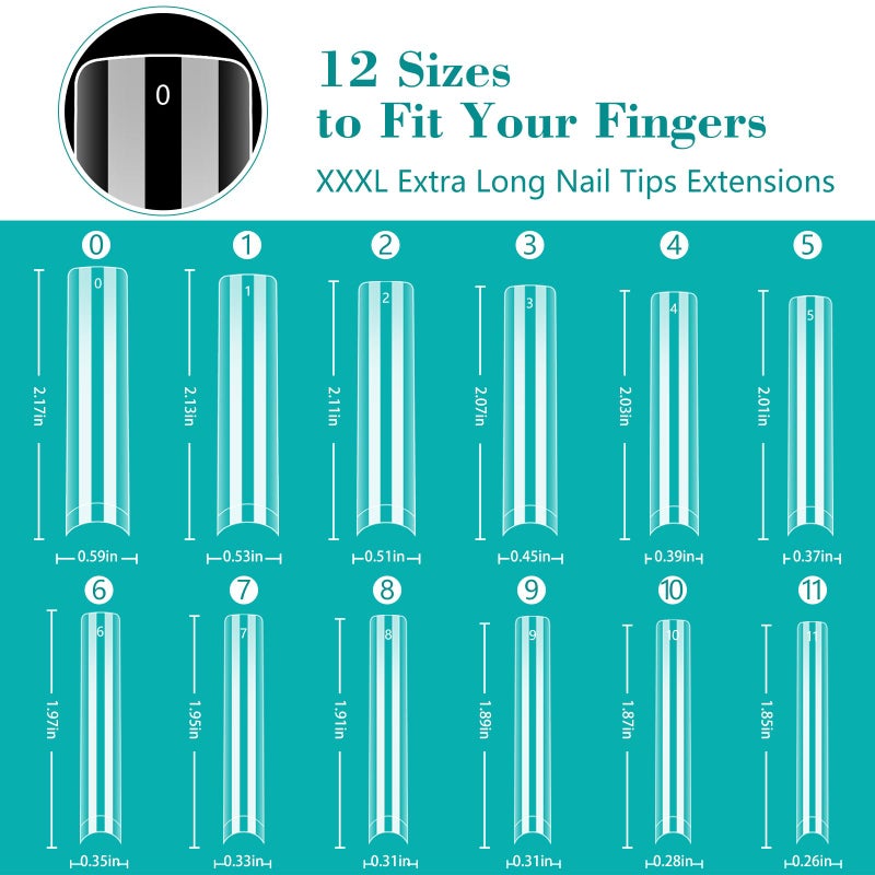 LIONVISON 3XL Clear NO C Curve Nail Tips for Acrylic Nails Professional, 240PCS Extra Long Tapered Square Nail Tips, 12 Sizes Straight Press On Gel Tips for Nail Salons Home DIY - Image 5