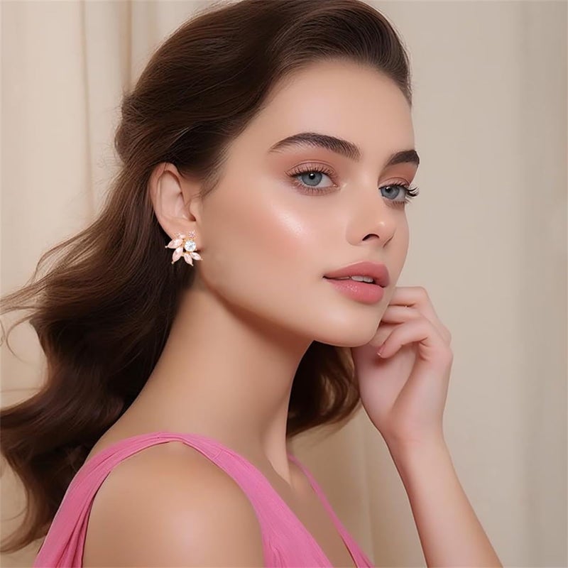 WanBigVa Pink Rhinestone Cluster Stud Earrings Elegant Small Marquise Crystal Wedding Earrings for Brides Bridemaids Party Prom Costume Earrings for Women - Image 3