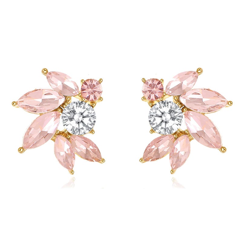 WanBigVa Pink Rhinestone Cluster Stud Earrings Elegant Small Marquise Crystal Wedding Earrings for Brides Bridemaids Party Prom Costume Earrings for Women - Image 1