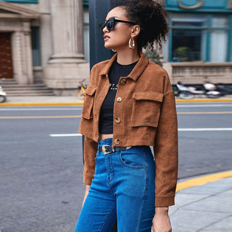 Women's Casual Corduroy Long Sleeve Jacket with Turn-down Collar and Pleated Pockets - Image 1