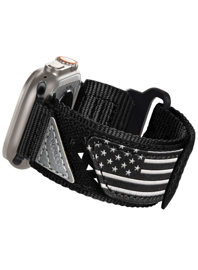 Band Compatible with Apple Watch 49mm 45mm/44mm/42mm 41mm/40mm/38mm, Tough Breathable Nylon Sports Strap, Hollow Out Design for iWatch Series 8/7/6/5/4/SE/3/2/1/Ultra (49mm XL, Black USA Flag)