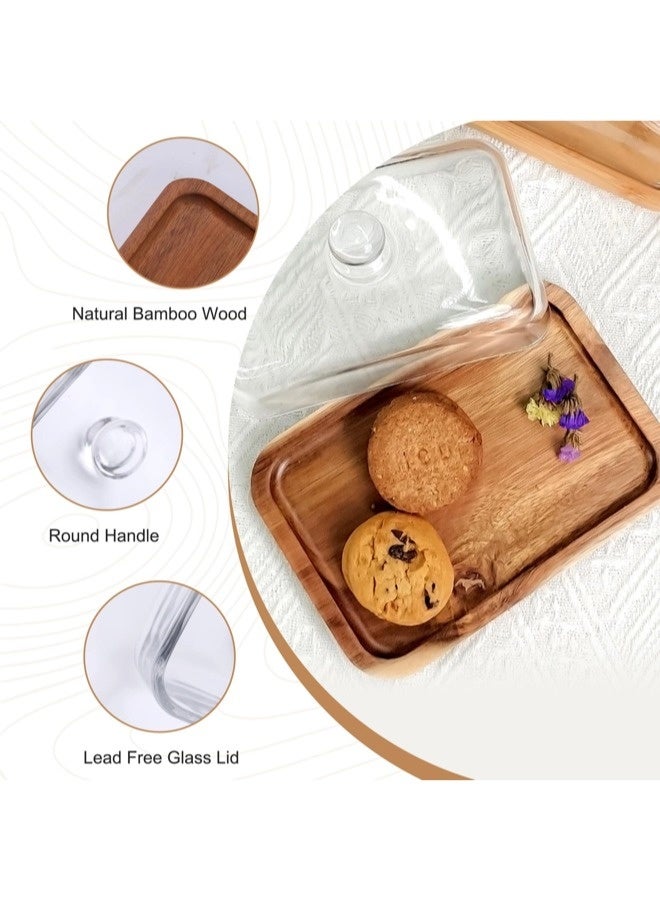 شيبشيب حامل كعك خشبي مستطيل مع قبة زجاجية، طبق كعك صغير مع جرس زجاجي شفاف، صينية عرض كعك للمطبخ، حفلات أعياد الميلاد، الأعراس، هدايا الخَبز - Image 3