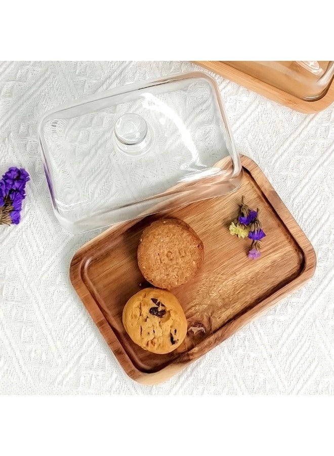 شيبشيب حامل كعك خشبي مستطيل مع قبة زجاجية، طبق كعك صغير مع جرس زجاجي شفاف، صينية عرض كعك للمطبخ، حفلات أعياد الميلاد، الأعراس، هدايا الخَبز - Image 5