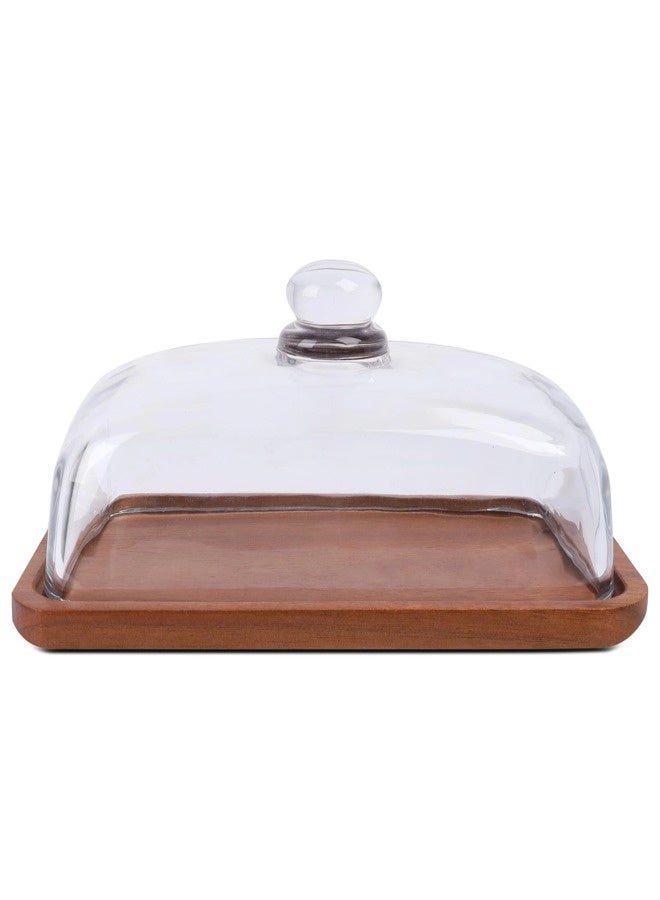 شيبشيب حامل كعك خشبي مستطيل مع قبة زجاجية، طبق كعك صغير مع جرس زجاجي شفاف، صينية عرض كعك للمطبخ، حفلات أعياد الميلاد، الأعراس، هدايا الخَبز - Image 1