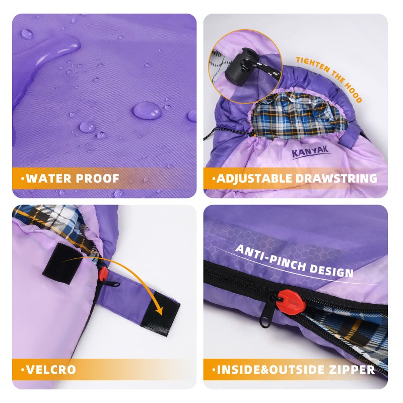 KANYAK Water-Resistant Portable Purple Sleeping Bag for Adults Teens and Kids, Perfect Outdoor Companion for 3-4 Season Hikingï¼ŒHuntingï¼ŒCamping and Backpacking - Image 3