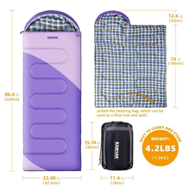 KANYAK Water-Resistant Portable Purple Sleeping Bag for Adults Teens and Kids, Perfect Outdoor Companion for 3-4 Season Hikingï¼ŒHuntingï¼ŒCamping and Backpacking - Image 2
