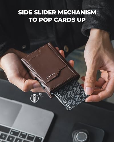 VULKIT Airtag Wallet with Keyring Leather Mens Pop up Credit Card Wallet with Air Tag Holder Trifold ID Window RFID Blocking（Espresso） - Image 2