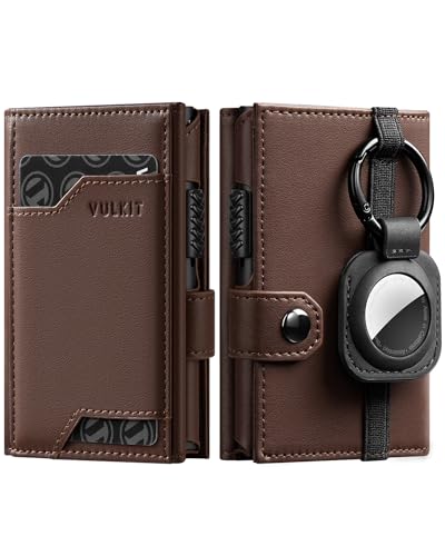 VULKIT Airtag Wallet with Keyring Leather Mens Pop up Credit Card Wallet with Air Tag Holder Trifold ID Window RFID Blocking（Espresso） - Image 1