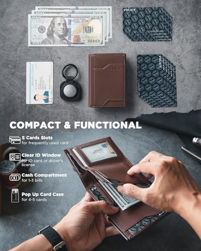 VULKIT Airtag Wallet with Keyring Leather Mens Pop up Credit Card Wallet with Air Tag Holder Trifold ID Window RFID Blocking（Espresso） - Image 3