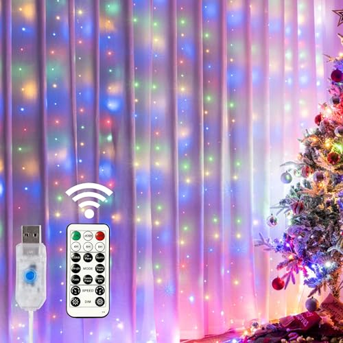 HOME LIGHTING Window Curtain String Lights 300 LED 8 Lighting Modes Fairy Copper Light with Remote USB Powered Waterproof for Christmas Bedroom Party Wedding Home Garden Wall Decorations Multicolor