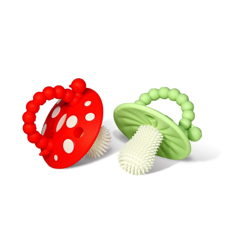 RaZbaby Chompy Teether for Infant & Baby 3M+ Teether Toy with Massaging Bristles for Teething Relief Pacifier - Soothes Sore Gums - Hands-Free & Easy-to-Hold Teether, BPA Free - RED/Green - Image 1