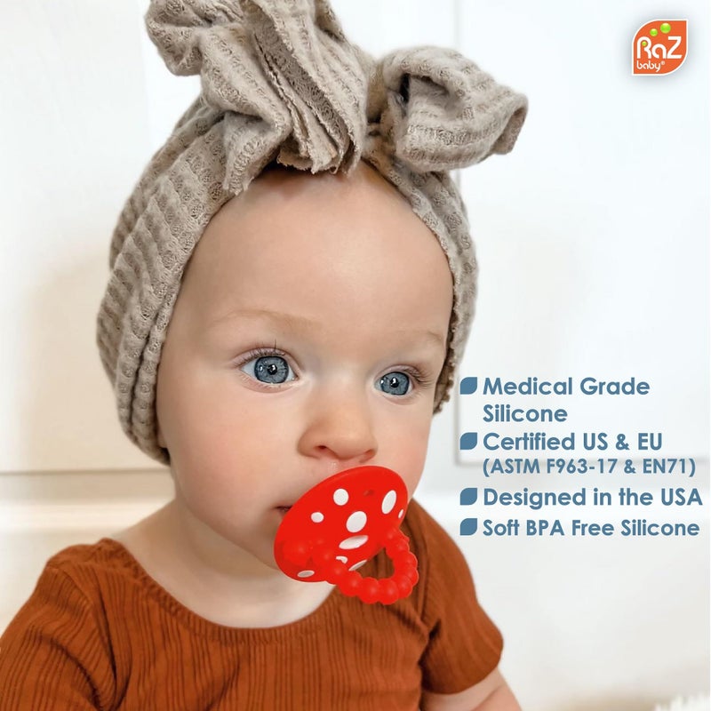 RaZbaby Chompy Teether for Infant & Baby 3M+ Teether Toy with Massaging Bristles for Teething Relief Pacifier - Soothes Sore Gums - Hands-Free & Easy-to-Hold Teether, BPA Free - RED/Green - Image 3