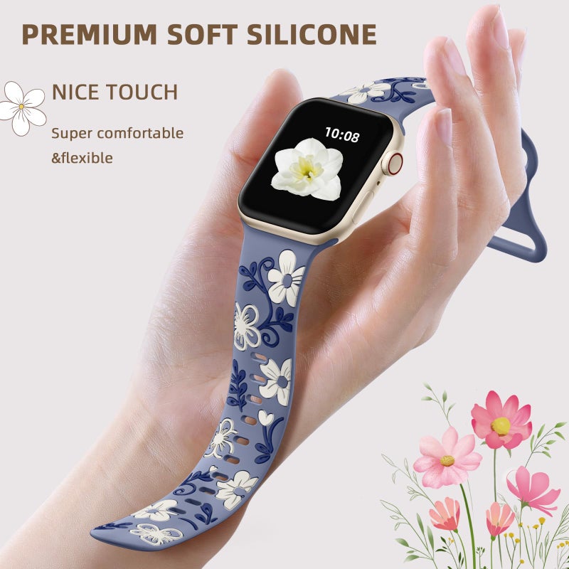 Witzon Cute Floral Band Compatible with Apple Watch Bands For Women 42mm 41mm 40mm 38mm 44mm 45mm 46mm 49mm, Engraved Flower Soft Silicone Inlay Strap for iWatch Series 11 10 9 8 7 6 5 4 3 2 SE Ultra - Image 3