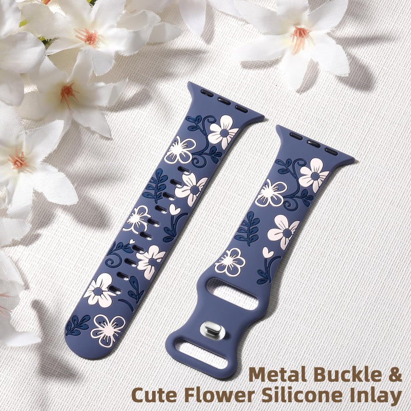 Witzon Cute Floral Band Compatible with Apple Watch Bands For Women 42mm 41mm 40mm 38mm 44mm 45mm 46mm 49mm, Engraved Flower Soft Silicone Inlay Strap for iWatch Series 11 10 9 8 7 6 5 4 3 2 SE Ultra - Image 4