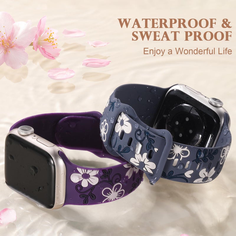 Witzon Cute Floral Band Compatible with Apple Watch Bands For Women 42mm 41mm 40mm 38mm 44mm 45mm 46mm 49mm, Engraved Flower Soft Silicone Inlay Strap for iWatch Series 11 10 9 8 7 6 5 4 3 2 SE Ultra - Image 5
