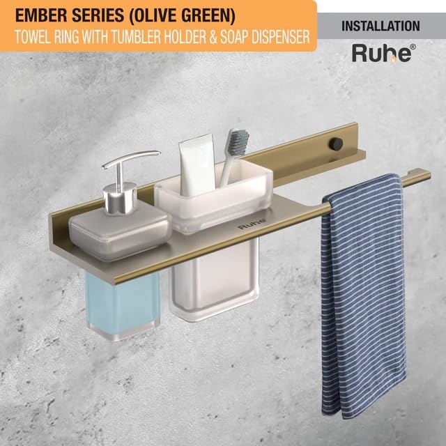 RUHE Ruhe Ember 3 in 1 Towel Ring with Soap Dispenser and Tumbler Holder Tooth Brush Holder Soap Stand Wall Mounted Bathroom Accessories Napkin Ring Olive Grove Matte Finish  - Image 3