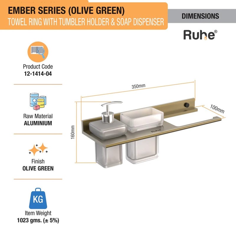 RUHE Ruhe Ember 3 in 1 Towel Ring with Soap Dispenser and Tumbler Holder Tooth Brush Holder Soap Stand Wall Mounted Bathroom Accessories Napkin Ring Olive Grove Matte Finish  - Image 2