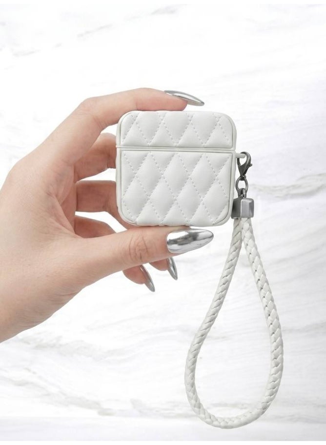 Aura Style Quilted Faux Leather Case for AirPods 4 - Protective Shockproof Cover with Lanyard - White - Image 1
