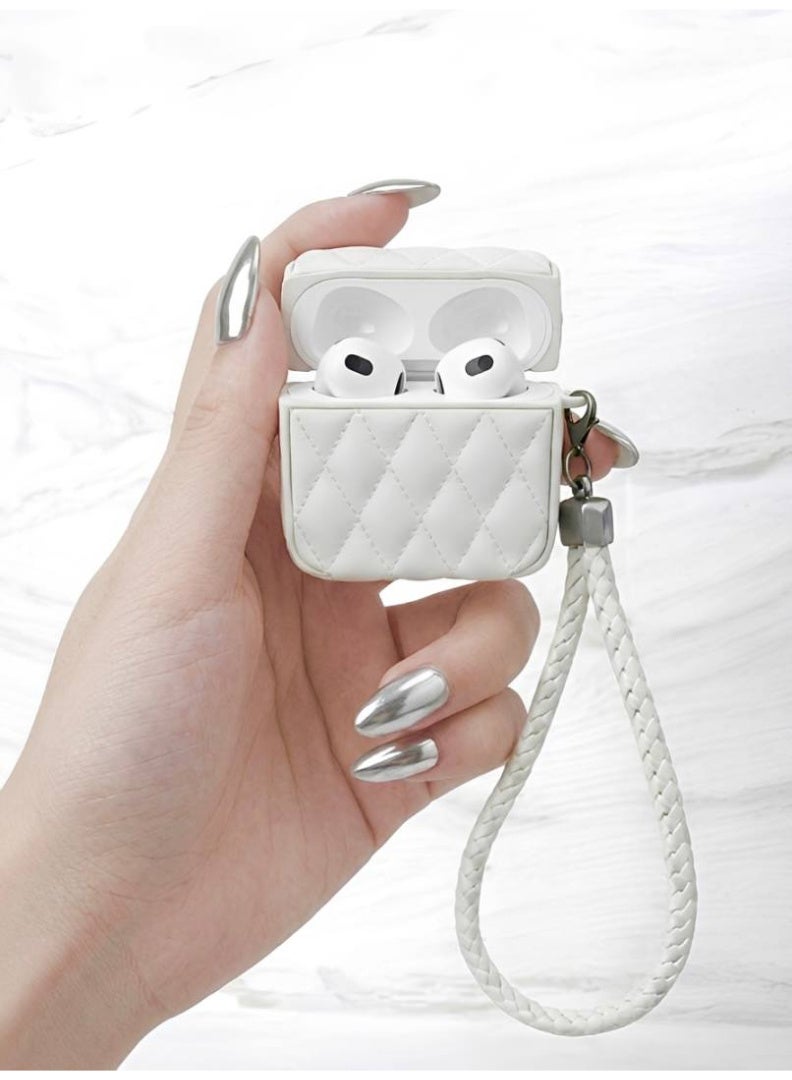 Aura Style Quilted Faux Leather Case for AirPods 4 - Protective Shockproof Cover with Lanyard - White - Image 2