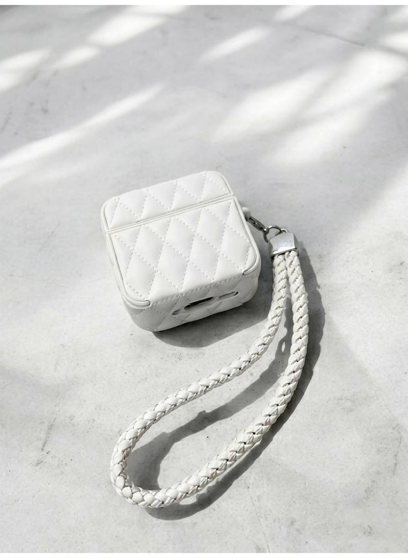 Aura Style Quilted Faux Leather Case for AirPods 4 - Protective Shockproof Cover with Lanyard - White - Image 4