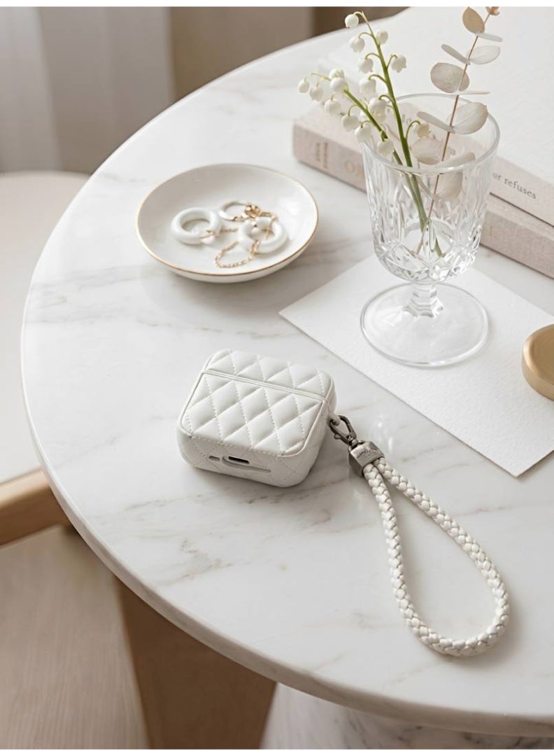 Aura Style Quilted Faux Leather Case for AirPods 4 - Protective Shockproof Cover with Lanyard - White - Image 3