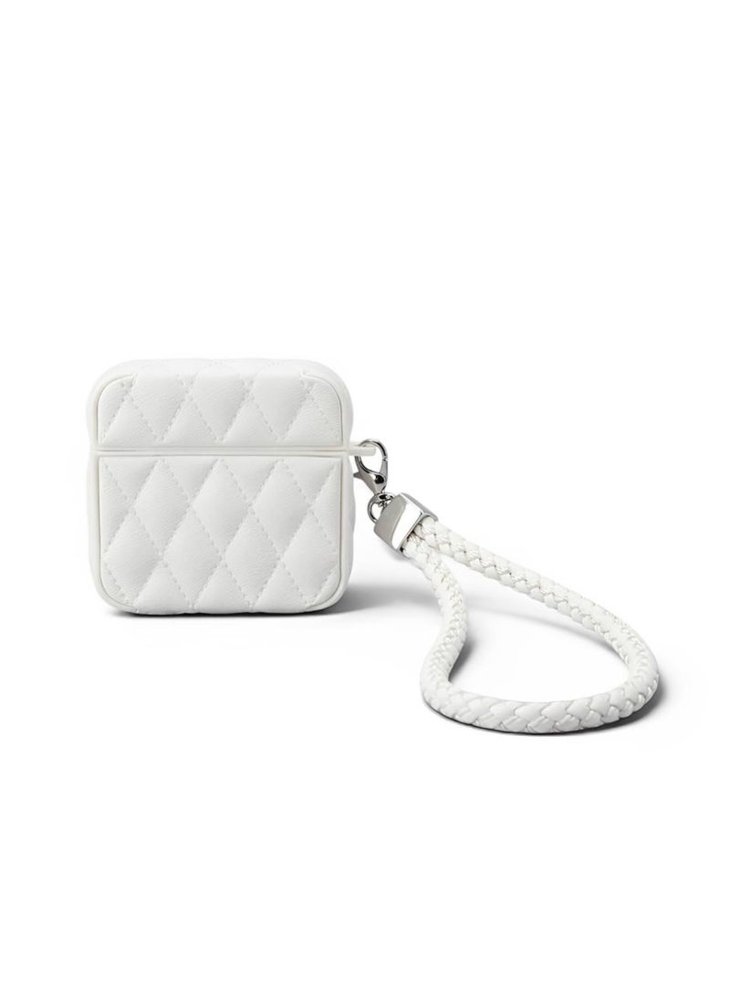 Aura Style Quilted Faux Leather Case for AirPods 4 - Protective Shockproof Cover with Lanyard - White - Image 5