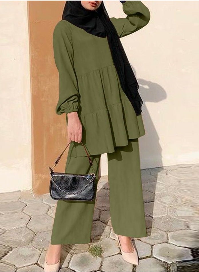 Women's Solid 2 Piece Set Long Sleeve Round Neck Pleated Blouse And Loose Pants Casual Suit Olive Green - pzsku/Z080C9EE16B645789B87BZ/45/_/1729753238/4ed3ae43-d4ff-4cd5-94e7-45b6de34200e