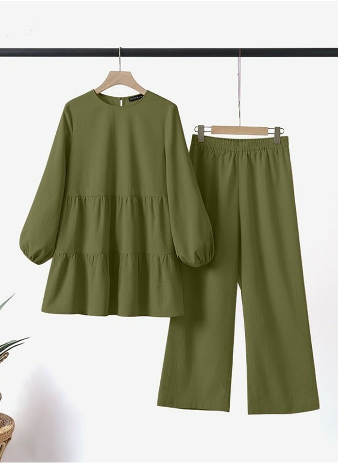 Women's Solid 2 Piece Set Long Sleeve Round Neck Pleated Blouse And Loose Pants Casual Suit Olive Green - pzsku/Z080C9EE16B645789B87BZ/45/_/1729753240/c9bfbf74-c7a8-4331-96e6-75cd83e0222a