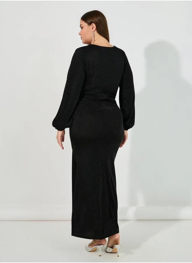 Styli Plus Size Glitter Look Wrap Front Draped Maxi Dress