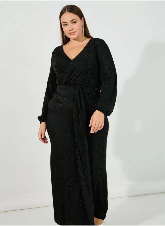 Styli Plus Size Glitter Look Wrap Front Draped Maxi Dress