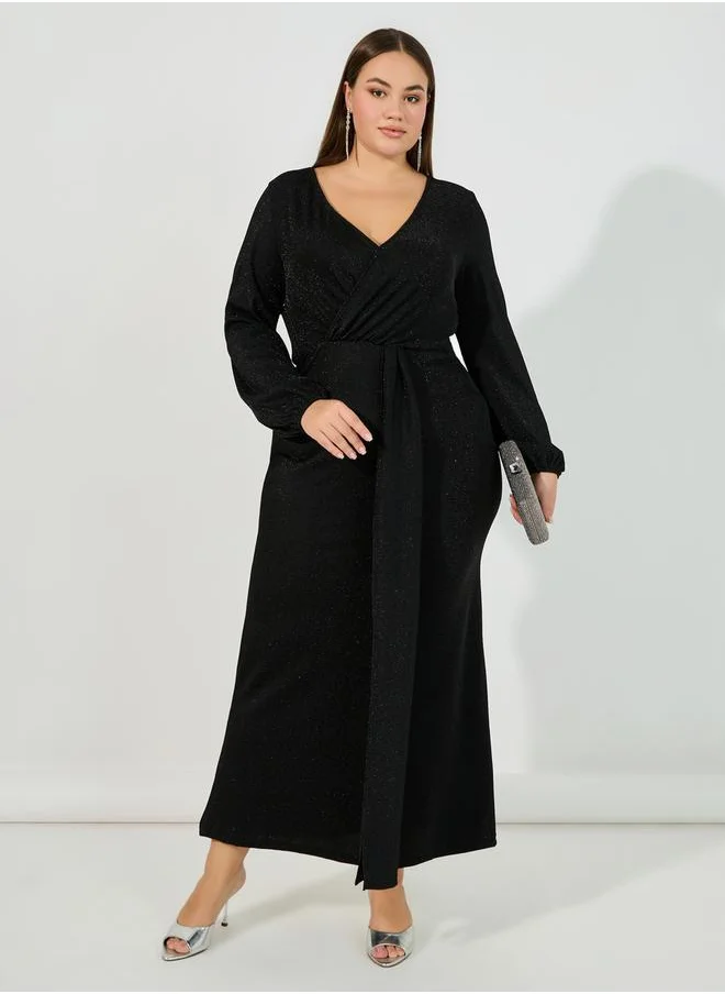 Styli Plus Size Glitter Look Wrap Front Draped Maxi Dress