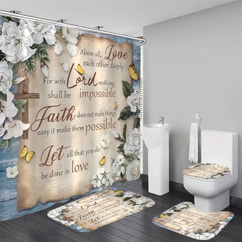 AZHM White Camellia Flower Shower Curtain Sets Inspirational Quotes with Yellow Butterfly Bathroom Decor Accessories Set with Rugs and 12 Hooks