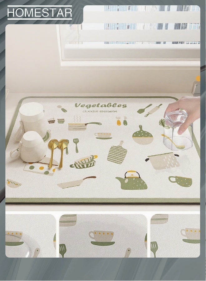 HOMESTAR Dish Drying Mat for kitchen Counter, Draining Mat Dish Rack Pad for Kitchen Counter with Non-slip Rubber Backed,Hide Stain Absorbent Bar Accessories Fit Under Coffee Maker White Green 40x30cm - Image 3
