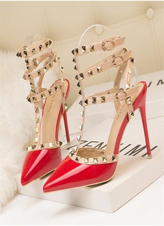 Eloshman 10cm LacquerLeather Metal Rivet Hollowed Out Roman Slim Heel High Heels Red  - Image 1